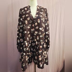Women's Boho Long Sleeve V-Neck Tired Swing Mini Dress,Brown Floral - Medium Nwt